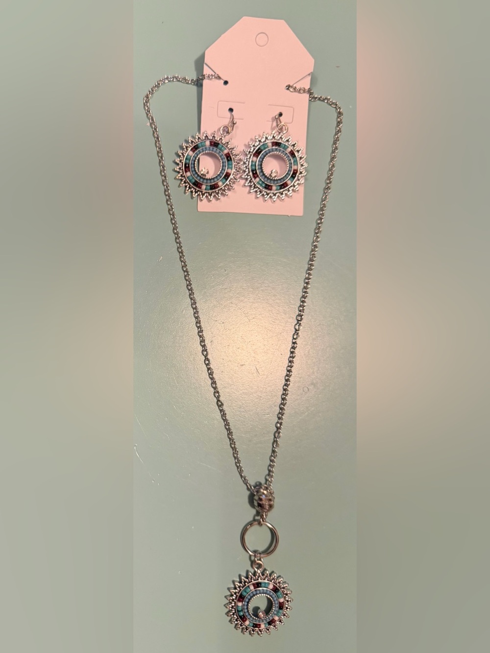 Silver-Tone Sunburst Pendant Necklace with Beaded Turquoise, Red, & White Accent